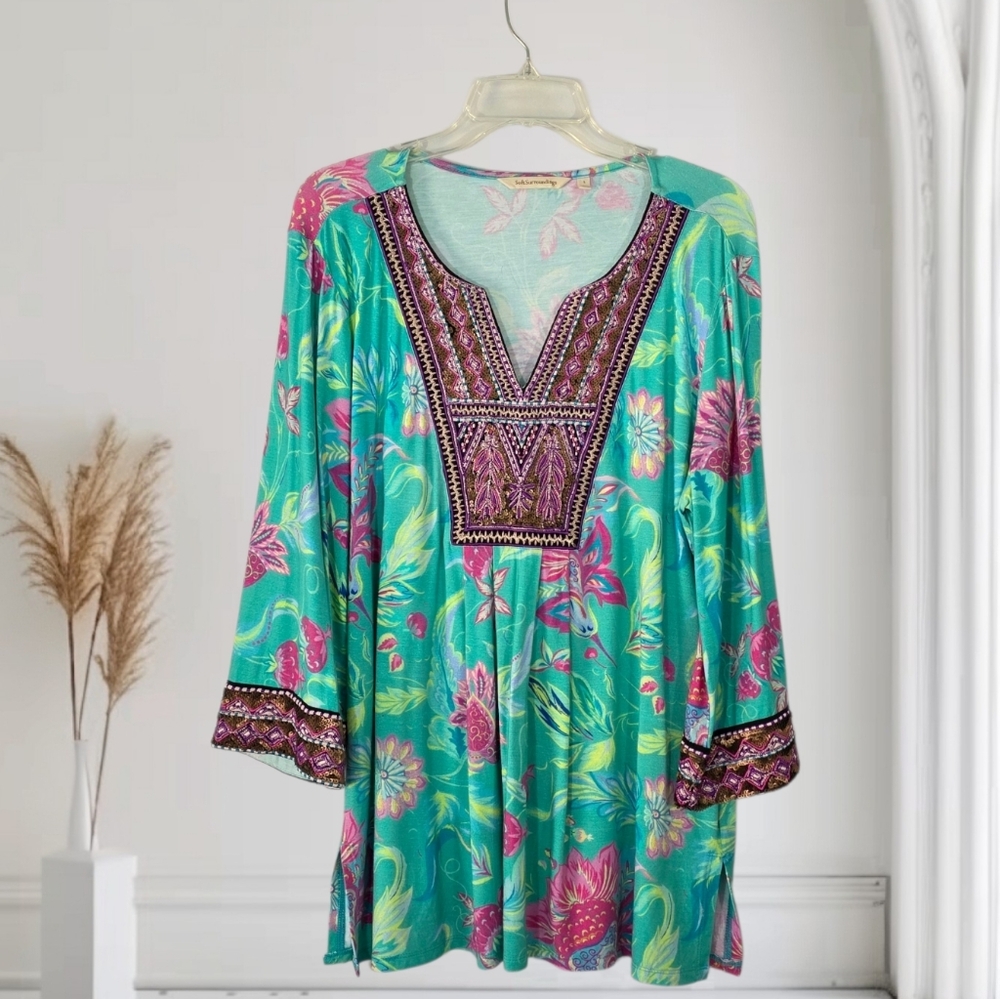 Soft Surroundings Maddalena Aqua Embroidered Seascape Tunic Blouse Size Large‎